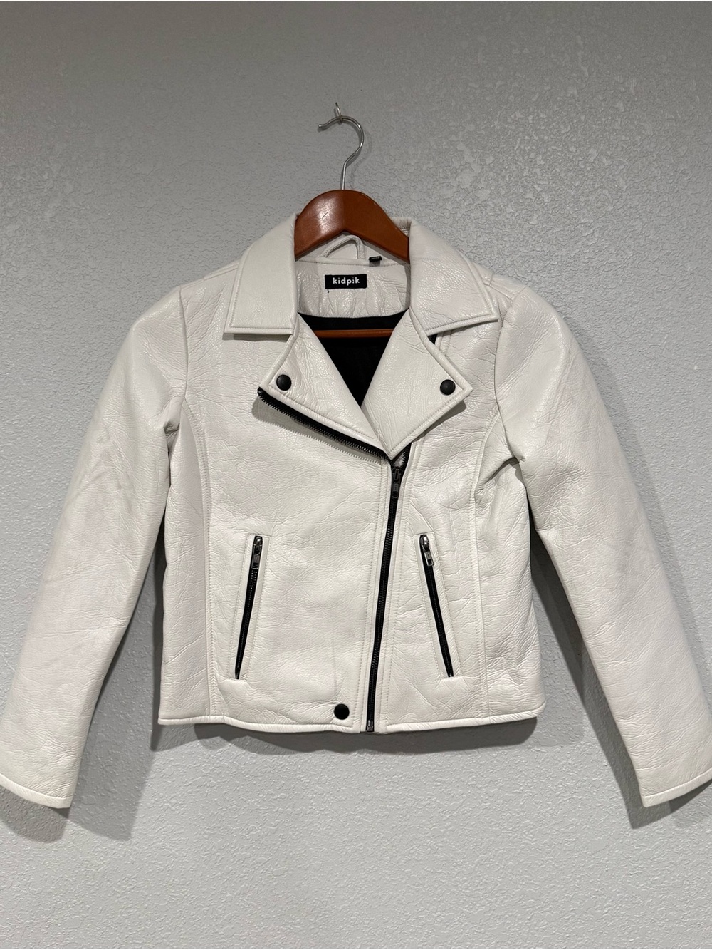 kidpik White Faux Leather Asymmetrical Moto Jacket